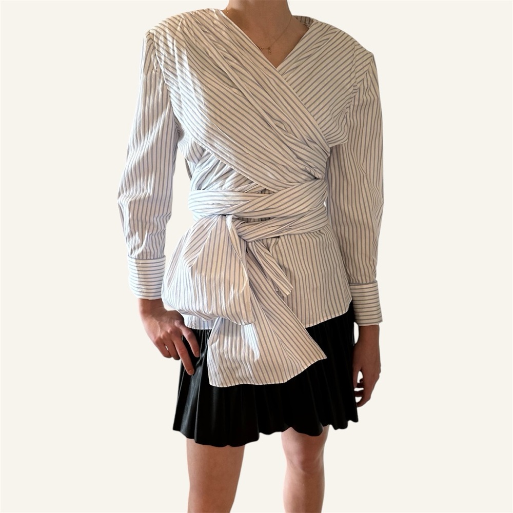 MONSE Cotton Striped Wrap Blouse Bracelet Length Sleeves🌸